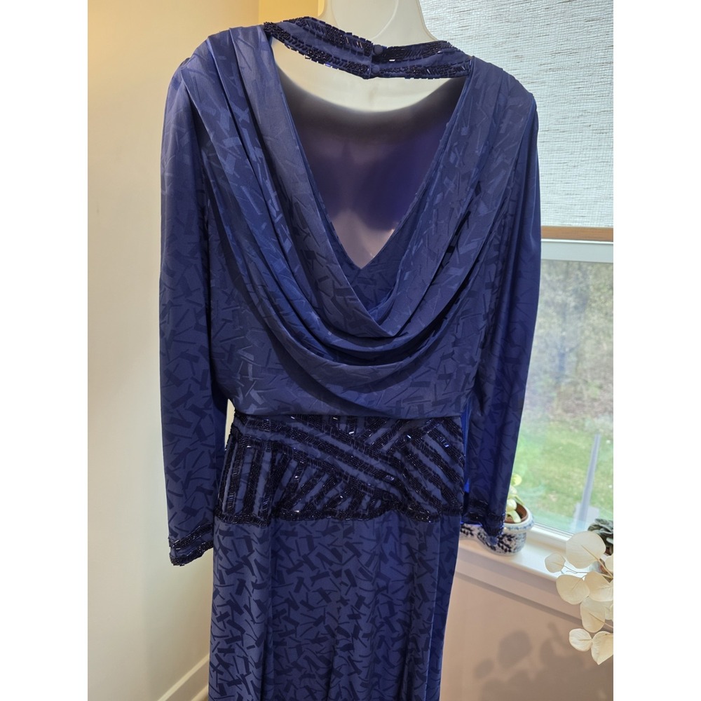Vintage 80s Satin Print Royal Blue Maxi Cocktail Dress Open Back Sz.8/10 (M) - Picture 3 of 15